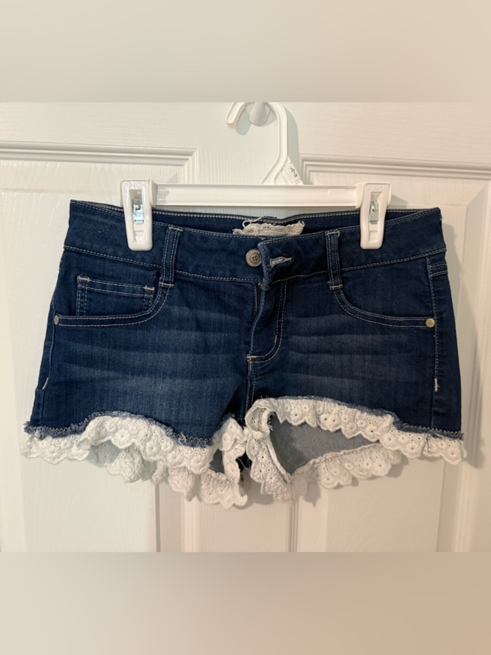 Altar'd State Navy Denim Shorts with White Eyelet Lace Trim